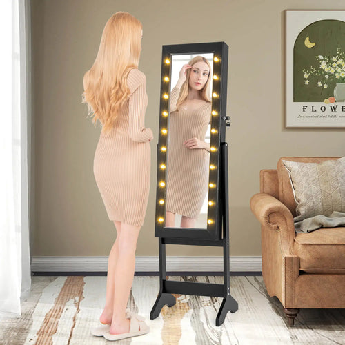 LED Mirror Jewelry Cabinet w/20 LED Lights Full-Length Mirror Adjustable Angles