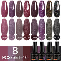 MEET ACROSS 8Pcs/Set Sparkly Rose Red Purple Gel Nail Polish Glitter Semi Permanent Nail Art Gel Vernis For Nails Manicure Kits