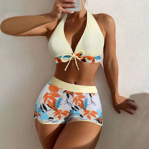 Shorts Bikinis Set  High Waist Swimsuit Women Swimwear 2 Pieces Plant Print Bathers Bathing Swim Suit Beachwear