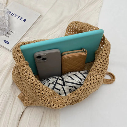 Women Hollow Summer Bag Solid Color Aesthetic Hobo Bag Large Capacity Knitted Tote Handbag Ladies Daily Handbag