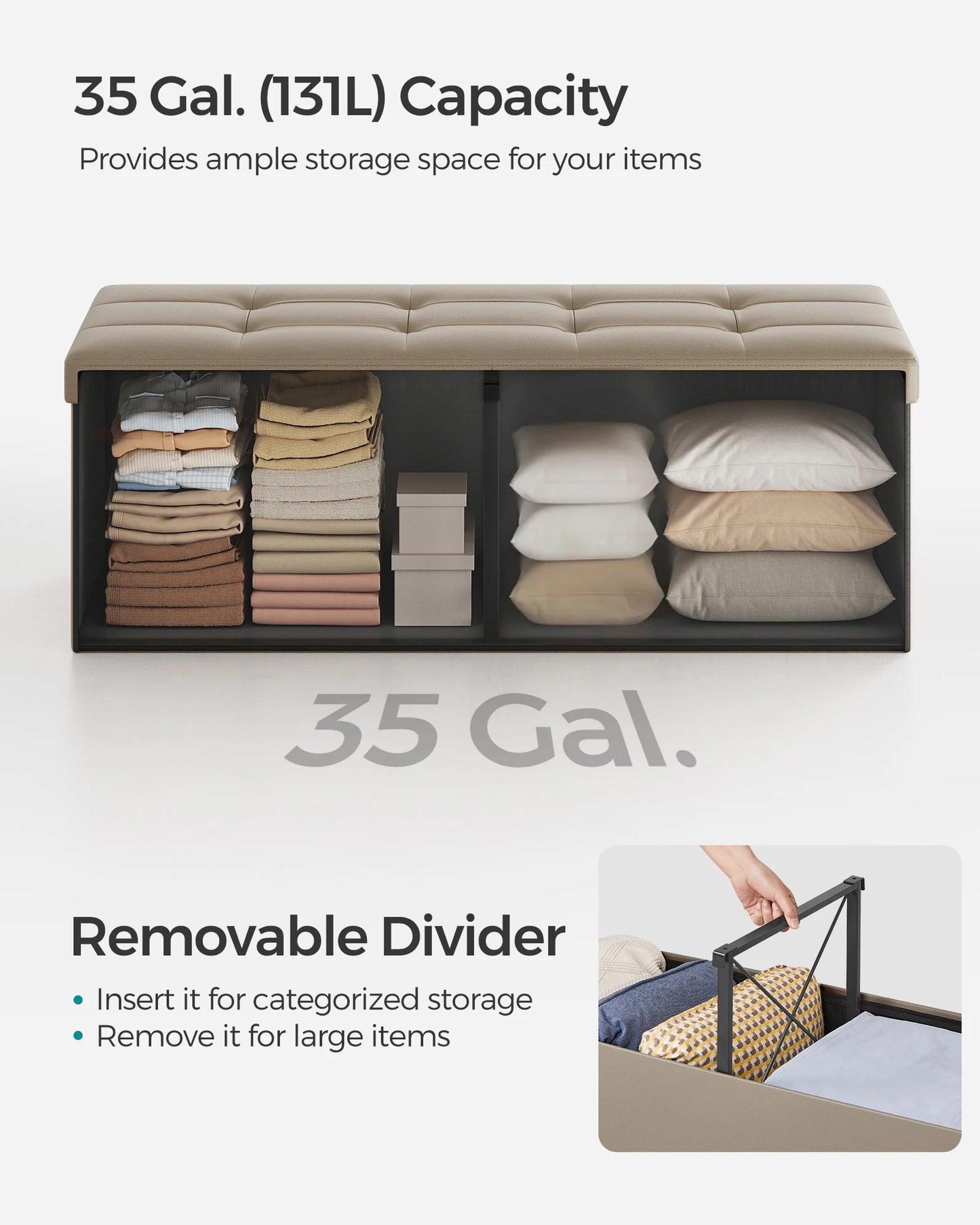 SONGMICS Storage Ottoman, 35 Gal., Storage Chest, Folding Footrest Bench, 660 lb Load Capacity, Synthetic Leather
