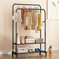 Rolling Clothes Rail Rack Garment Cloth Hanging Rack with 2 Tier Storage Shelves