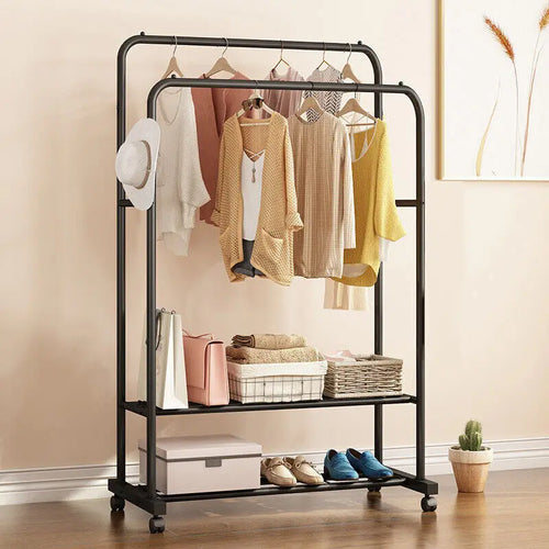 Rolling Clothes Rail Rack Garment Cloth Hanging Rack with 2 Tier Storage Shelves