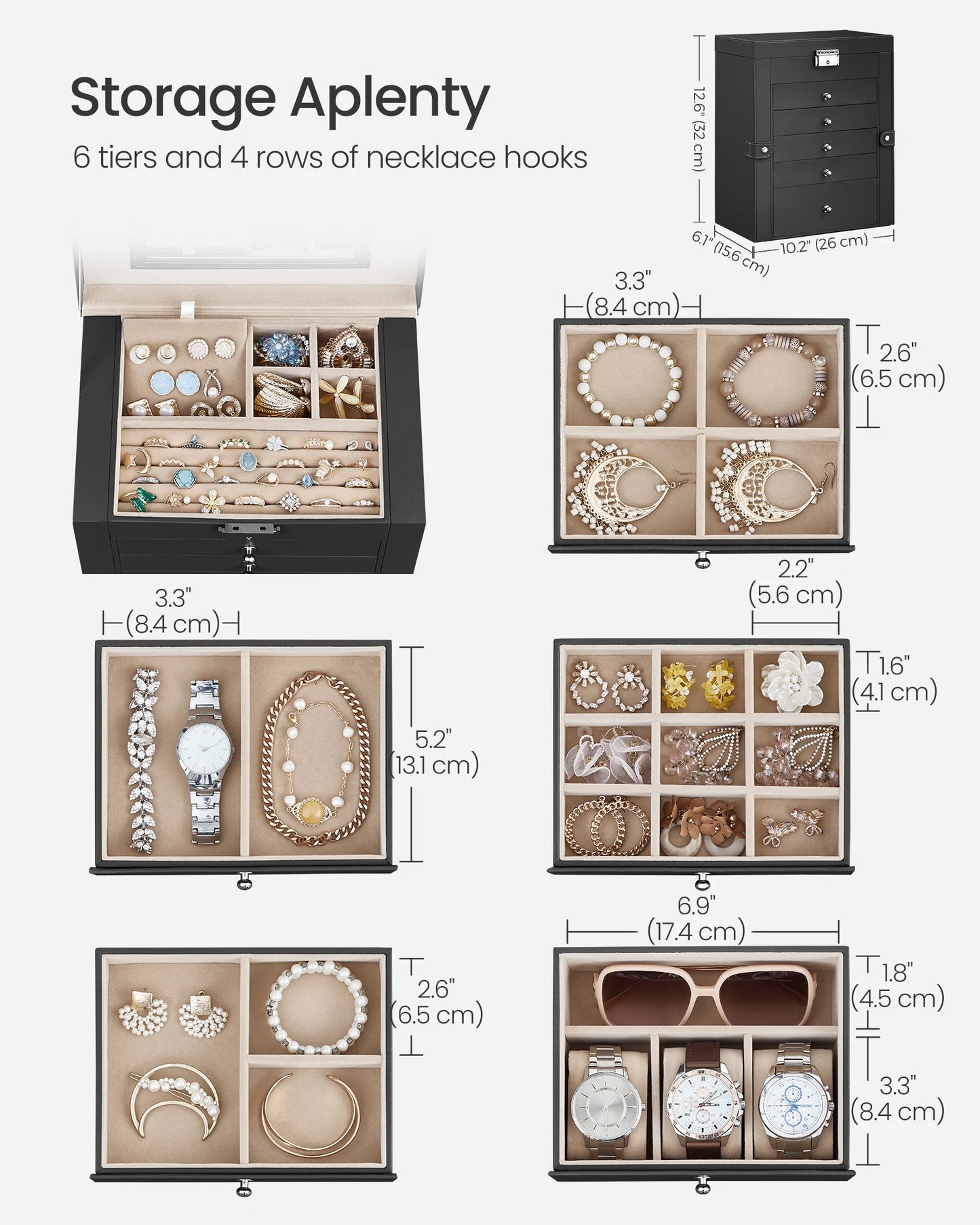 SONGMICS 6 Tier Jewelry Box, Jewelry Storage Organizer with 5 Drawers, Large Storage Capacity, with Mirror, Lockable