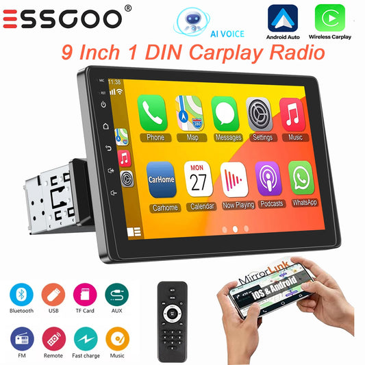 ESSGOO 9" 1 DIN AI vioce Universal Wireless carplay Android auto Car Stereo Radio Mirror link WIFI GPS NAVI FM BT SWC AUX TF USB