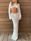 Women s Boho Style Crochet Bikini Cover Up Set Off Shoulder Knit Crop Top with Matching Long Skirt for Beachwear and Pool