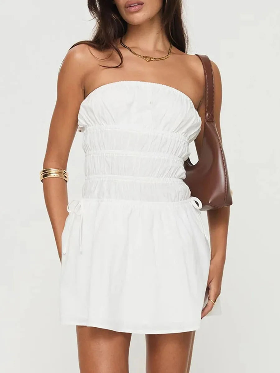Women Strapless Mini Dress Summer Solid Color Ruched Backless Party Dress for Cocktail Streetwear Aesthetic Clothes