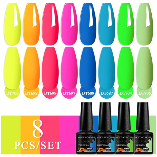 MEET ACROSS 8Pcs/Set Sparkly Rose Red Purple Gel Nail Polish Glitter Semi Permanent Nail Art Gel Vernis For Nails Manicure Kits