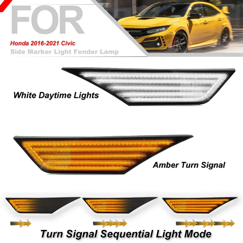 2Pcs For 10th Gen Honda Civic MK10 2016-2021 LED Amber Side Marker Indicator Repeater Light Turn Signal Lamp Blinkers White DRL