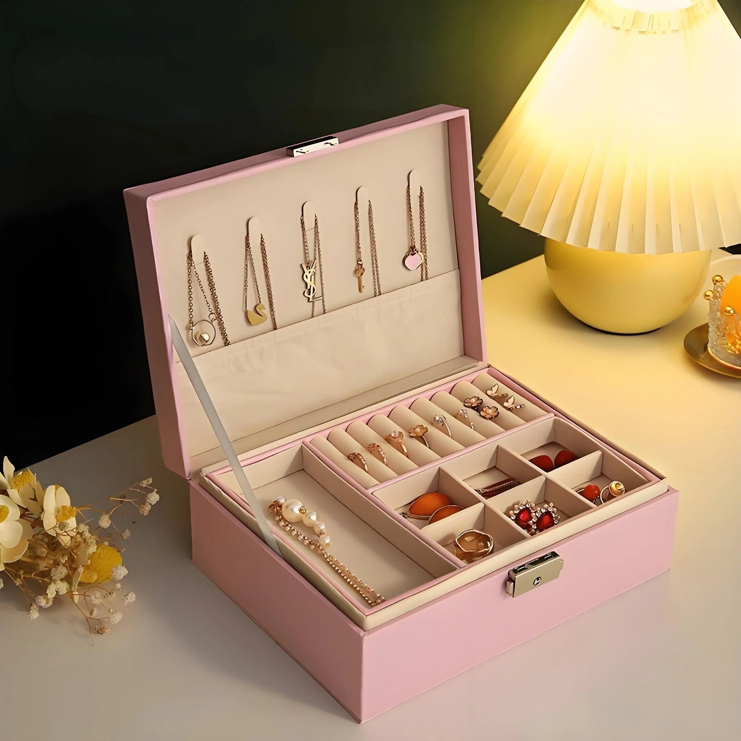Double-Layer Wooden Jewelry Box with PU Leather Ring Box Jewelry Storage Organizer And Makeup Case Packaging