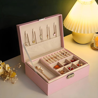 Double-Layer Wooden Jewelry Box with PU Leather Ring Box Jewelry Storage Organizer And Makeup Case Packaging