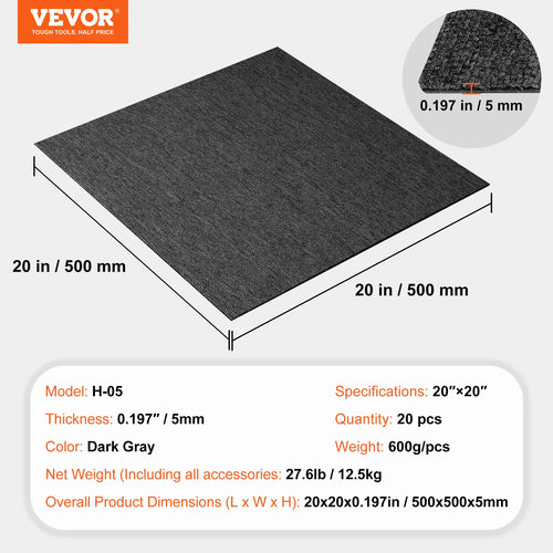 VEVOR Carpet Tiles Reusable, 24"x 24"Carpet Squares With Padding Attached, Soft Padded Carpet Tiles, Easy Install DIY for Bedroo