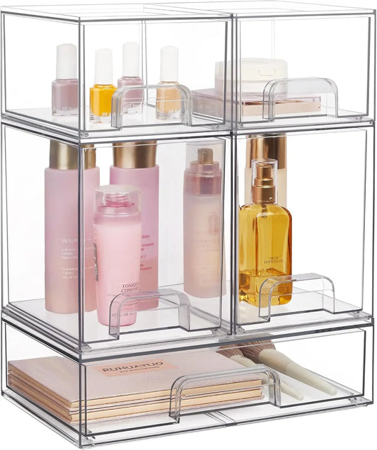 Stackable Storage Drawers Set of 5, Clear Plastic Organizer Bins for Beauty Supplies,Ideal for Vanity, Bathroom