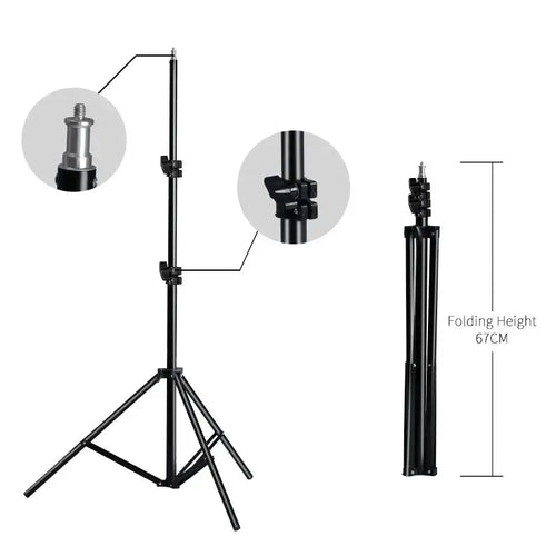 2M adjustable tripod for phones and cameras, showcasing folding height of 67cm and locking collar feature.