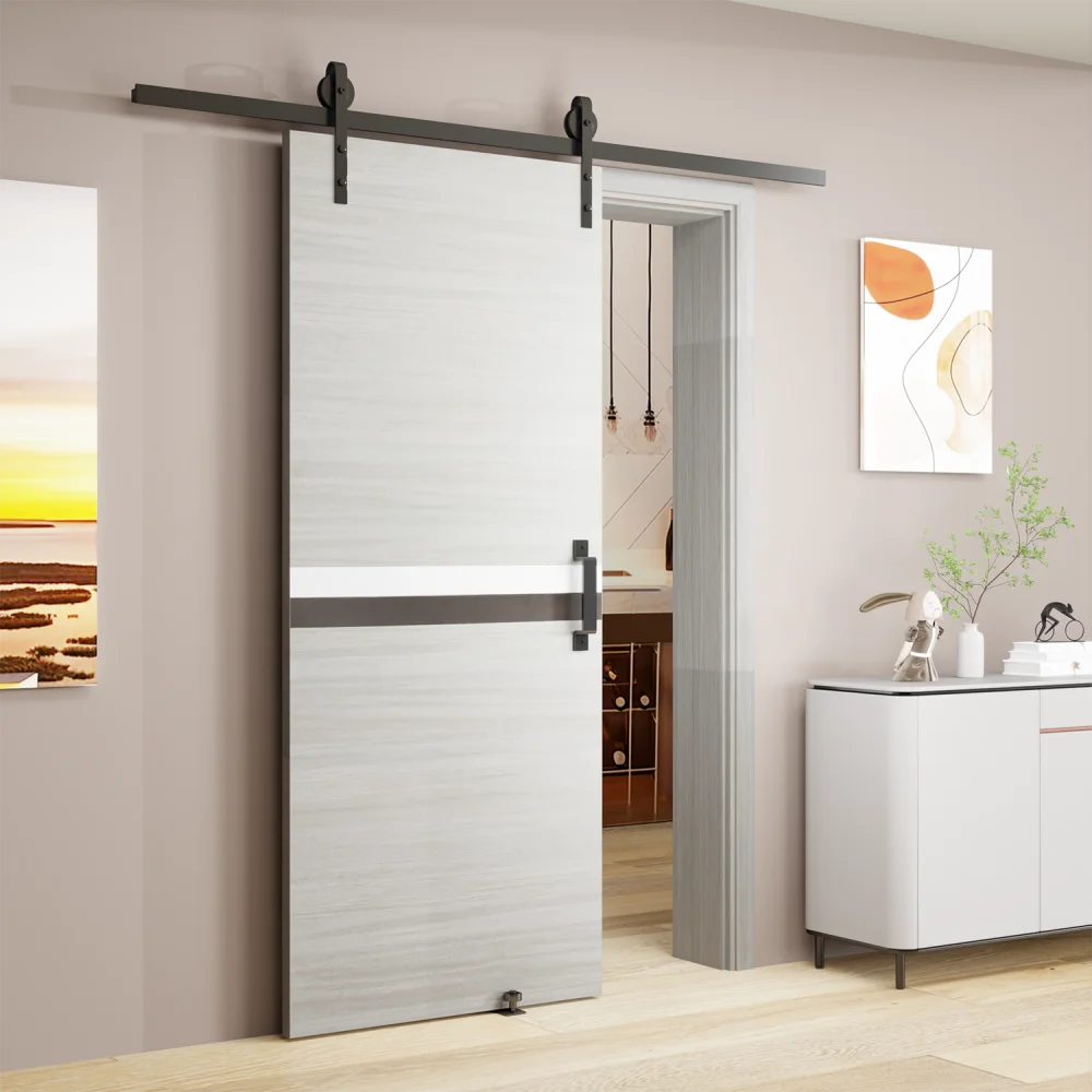 32" x 84" Melamine Integrated Door Slab + 6.6FT Sliding Track Kit + Adjustable Floor Guider + Pull Handle, Modern Interior Door