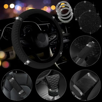 10pcs Sparkling Faux Diamond PU Leather Car Accessories Set Including Steering Wheel Cover, Center Console Armrest Pad