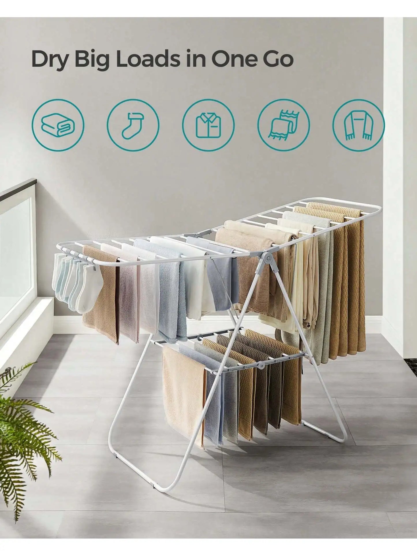 SONGMICS Clothes Drying Rack, With Sock Clips, Metal Laundry Rack, Foldable, Space-Saving, Free-Standing Airer, With Height-A
