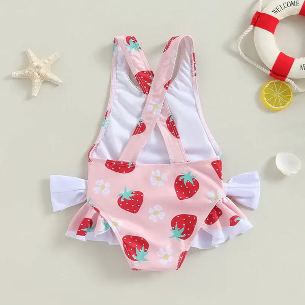 Toddler Girl s Floral Print Swimsuit with 3D Bow Detail Round Neck Sleeveless Design and Frill Trim - Cute Summer Swimwear