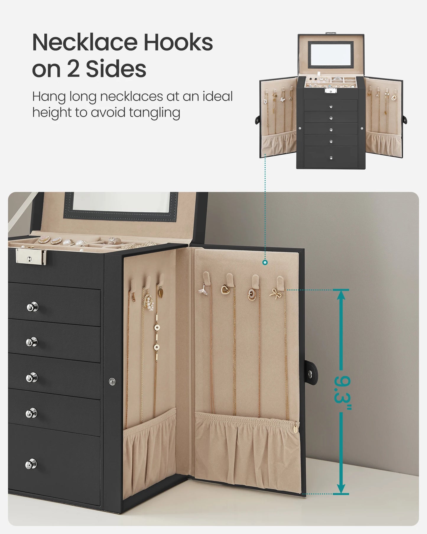 SONGMICS 6 Tier Jewelry Box, Jewelry Storage Organizer with 5 Drawers, Large Storage Capacity, with Mirror, Lockable
