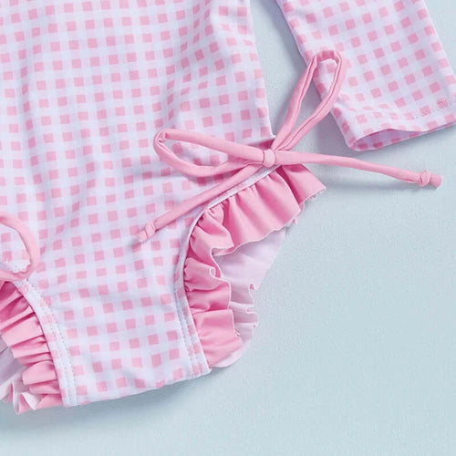 Women s Long Sleeve Rash Guard Swimsuit with Ruffle Trim and Floral Print  Bathing Suit Swim Romper for Girls