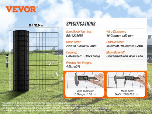 VEVOR Hardware Cloth Galvanized Wire Mesh Roll Vinyl Coating Metal Wire Mesh for Chicken Coop Barrier Poultry Enclosures Black