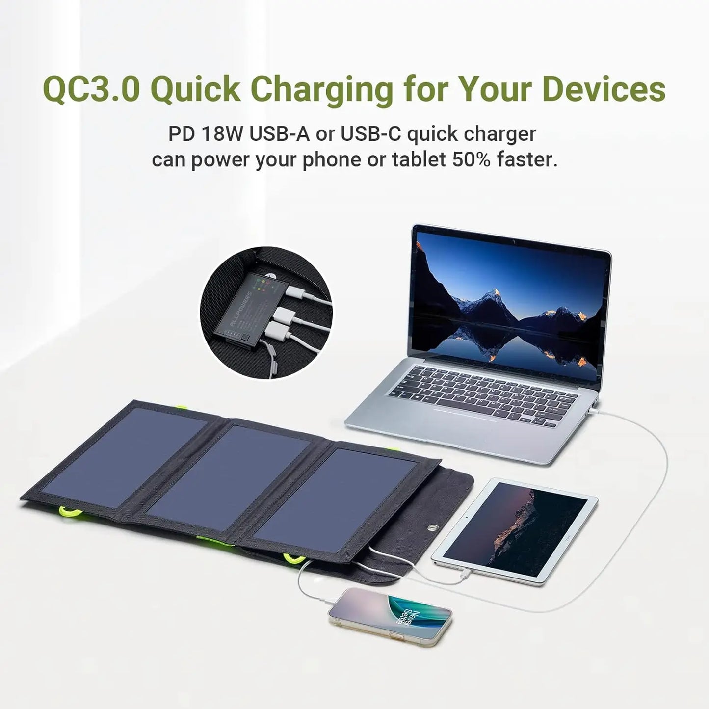 ALLPOWERS Flexible Foldable Solar Panel 5V 18V High Efficience Solar Battery Charger 21W Solar Phone Charger for Travel Iphone