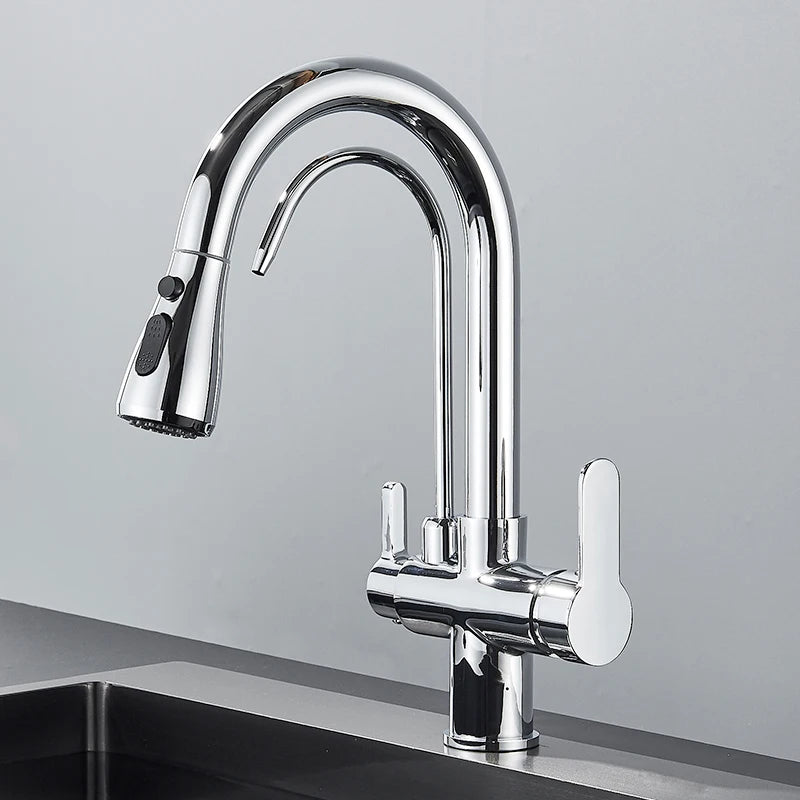 Quyanre Matte Black Filtered Crane For Kitchen Pull Out Spray 360 Rotation Water Filter Tap Three Ways Sink Mixer Kitchen Faucet