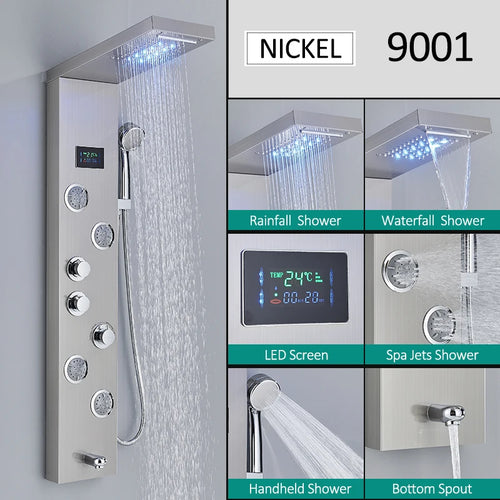 LED Shower Panel Tower System Rain Waterfall Shower Column Hydroelectricity LCD Display With Massage Body Spa Bath Shower Faucet