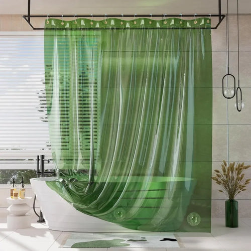 Soft Clear Green Heavy Duty Shower Curtain and Liner 2-in-1, 72x72 Luxury Plastic, 12 Rustproof Grommets & 3 Heavyweight Stones