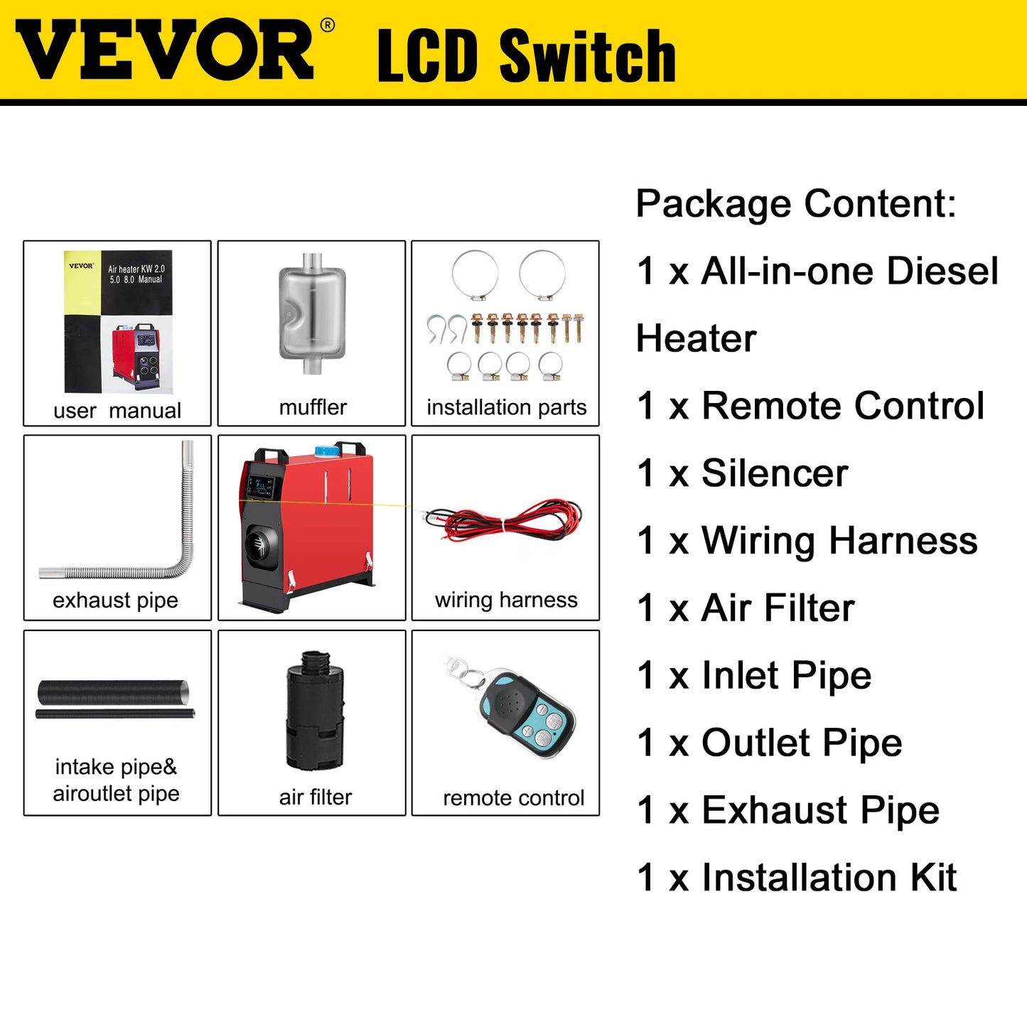 VEVOR 8KW 12V Car Heater Diesel Air Heater All in One with Silencer for Car Bus Trailer RV Various Diesel Vehicle Parking Heater