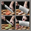 Professional Japanese kitchen knife slicing vegetables and meat on a wooden cutting board.