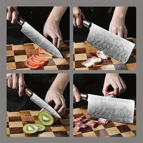 Professional Japanese kitchen knife slicing vegetables and meat on a wooden cutting board.