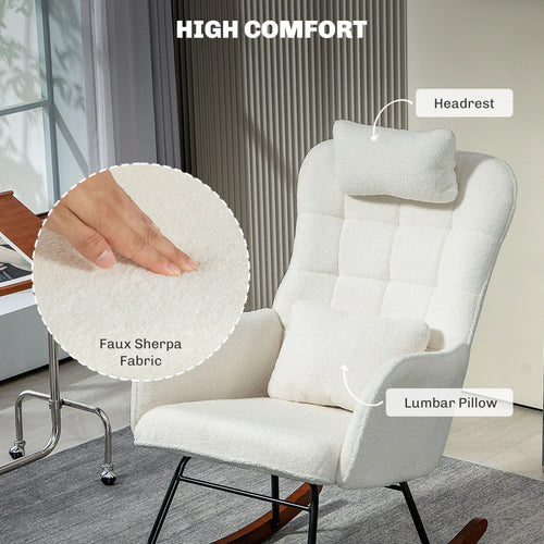 Homcom Boucle Rocking Chair with Headrest and Lumber Pillow Cream White