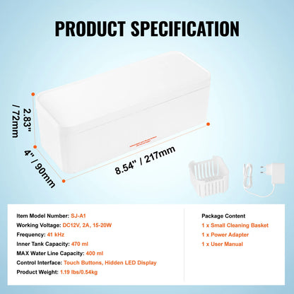 VEVOR 200/450/650ml Portable Ultrasonic Cleaner Machine with 4 Timer Modes Cleaning Basket for Eyeglasses Watches Dentures Rings