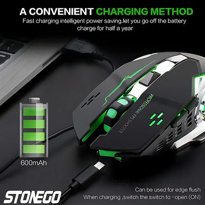 STONEGO 2.4G Wireless Bluetooth Mouse USB Computer Game Mouse with Receiver LED Colorful Changing Optical Silent Ergonomic