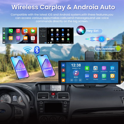 QOZ 10.26" Car Intelligent Screen with 4K 360° Rotation Dash Cam Wireless CarPlay & Android Auto AUX FM Bluetooth WIFI
