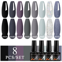 MEET ACROSS 8Pcs/Set Sparkly Rose Red Purple Gel Nail Polish Glitter Semi Permanent Nail Art Gel Vernis For Nails Manicure Kits