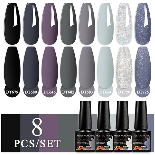 MEET ACROSS 8Pcs/Set Sparkly Rose Red Purple Gel Nail Polish Glitter Semi Permanent Nail Art Gel Vernis For Nails Manicure Kits