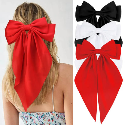 Hair Bows for Women Girls 3Pcs White Pink Black Silky Satin Large Bows Hair Clip Oversized Hair Ribbons Long Tail Big Hair Bows