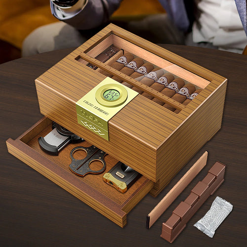 Cigar Box Humidor with Hygrometer and Humidifier, Cedar Wooden Case with Drawer, Divider, Length Gauge, Desktop Humidor Box Gift EzBuyCo