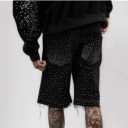 Retro Gothic Y2k Sweatpants Oversized Iron Diamond Pattern Denim Shorts for Men Hip Hop Punk Low Waist Gym Shorts Streetwear