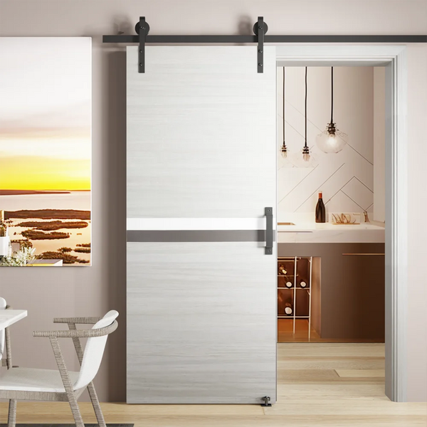 32" x 84" Melamine Integrated Door Slab + 6.6FT Sliding Track Kit + Adjustable Floor Guider + Pull Handle, Modern Interior Door