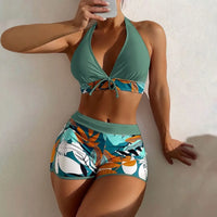 Shorts Bikinis Set  High Waist Swimsuit Women Swimwear 2 Pieces Plant Print Bathers Bathing Swim Suit Beachwear