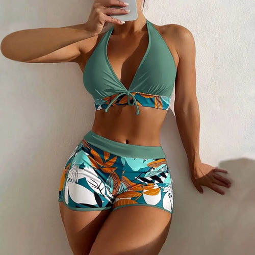 Shorts Bikinis Set  High Waist Swimsuit Women Swimwear 2 Pieces Plant Print Bathers Bathing Swim Suit Beachwear