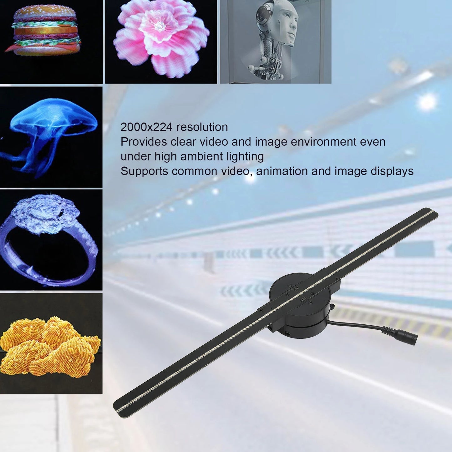 3D Hologram Fan Wifi Wireless Transmission 16.5in 2000x224 WiFi 3D Projector with 224 LED Light Beads for Business Advertising
