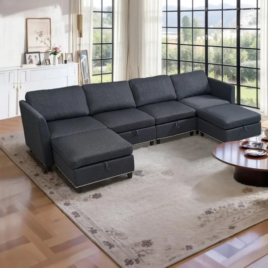 Convertible Sectional Sofa with Storage Seat 6 Seat Sofa with Reversible Chaise U Shaped Sectional Couch for Living Room, Sofas