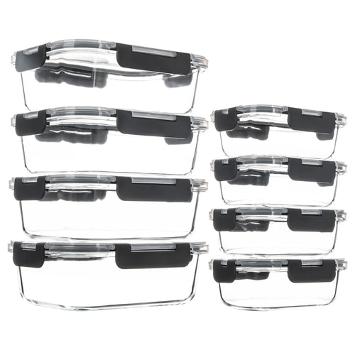 8-Piece Glass Food Storage Containers Set, BPA-Free, Leakproof, Microwave & Oven Safe, 6 Sizes, Borosilicate Glass Lock Lid
