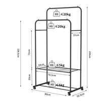 Rolling Clothes Rail Rack Garment Cloth Hanging Rack with 2 Tier Storage Shelves