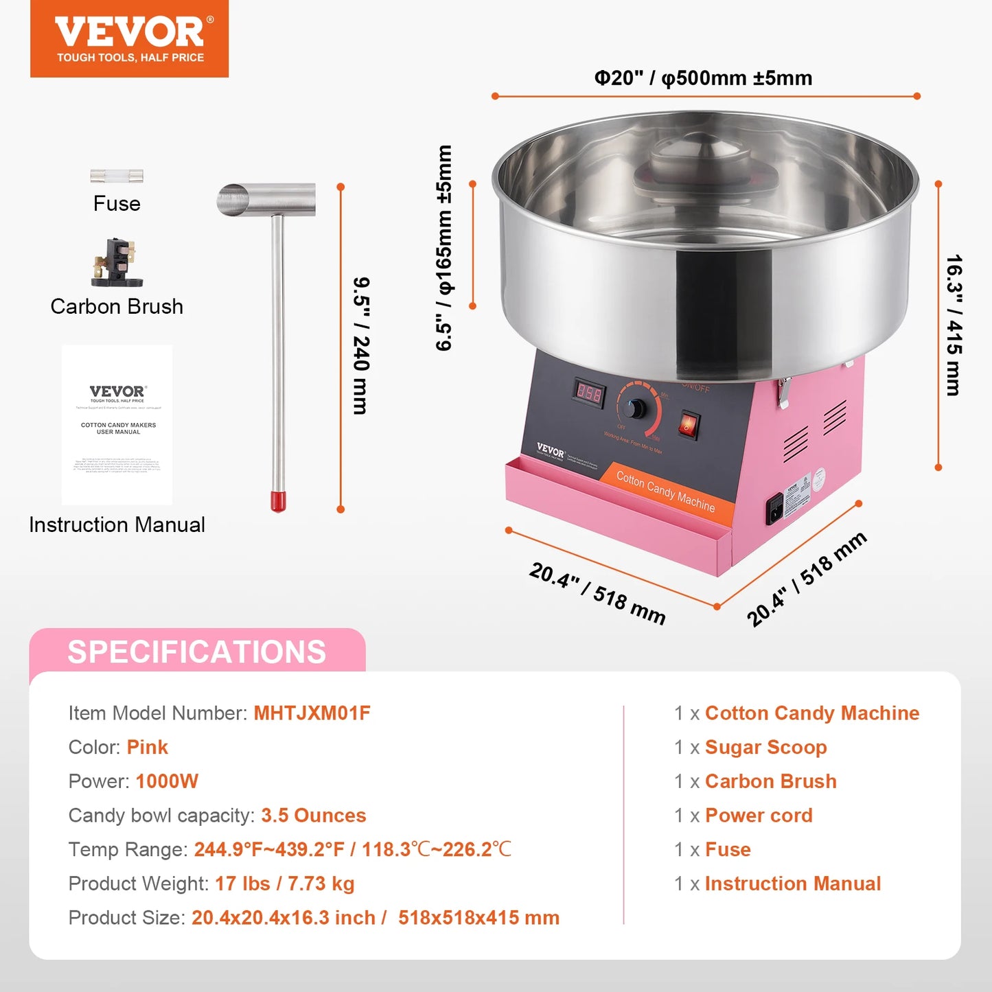 VEVOR Electric Cotton Candy Machine Candy Floss Maker Commercial Cotton Candy Machine with Stainless Steel Bowl and Sugar Scoop