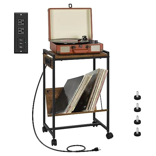 Record Player Stand with Vinyl Storage Side Table with Charging Station, 2 Tier with wheels Record Player Table for Living Room